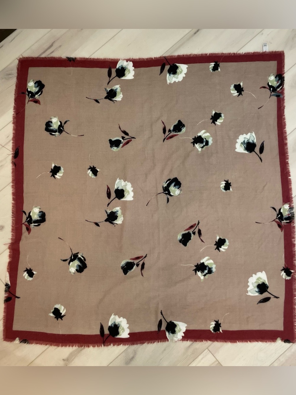 Maurices Taupe Scarf with White & Black Floral Motif and Red Trim